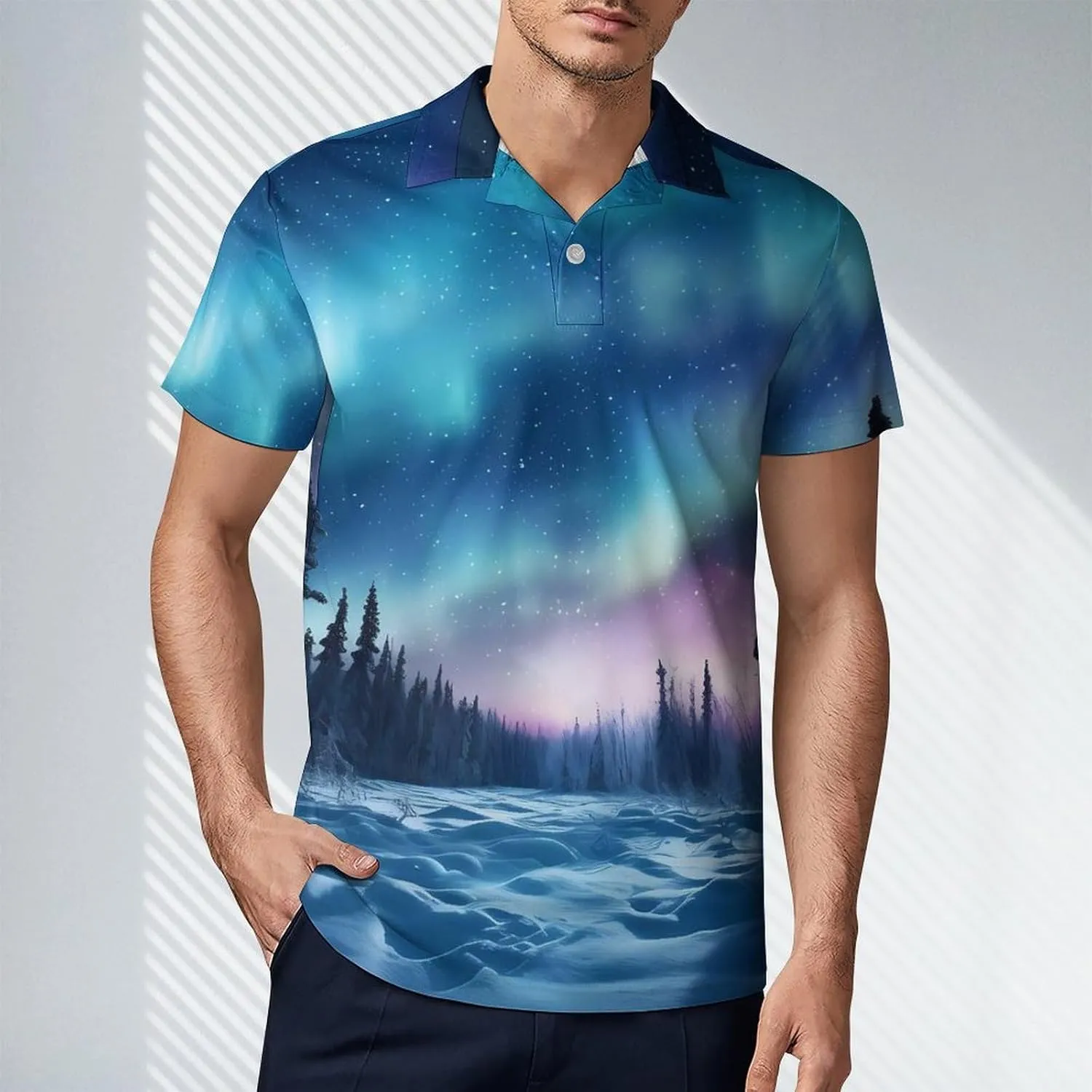 Northern Lights Natural Landscape Men's Polo Shirt Short Sleeve Casual Athletic Quick Dry Golf T-Shirts