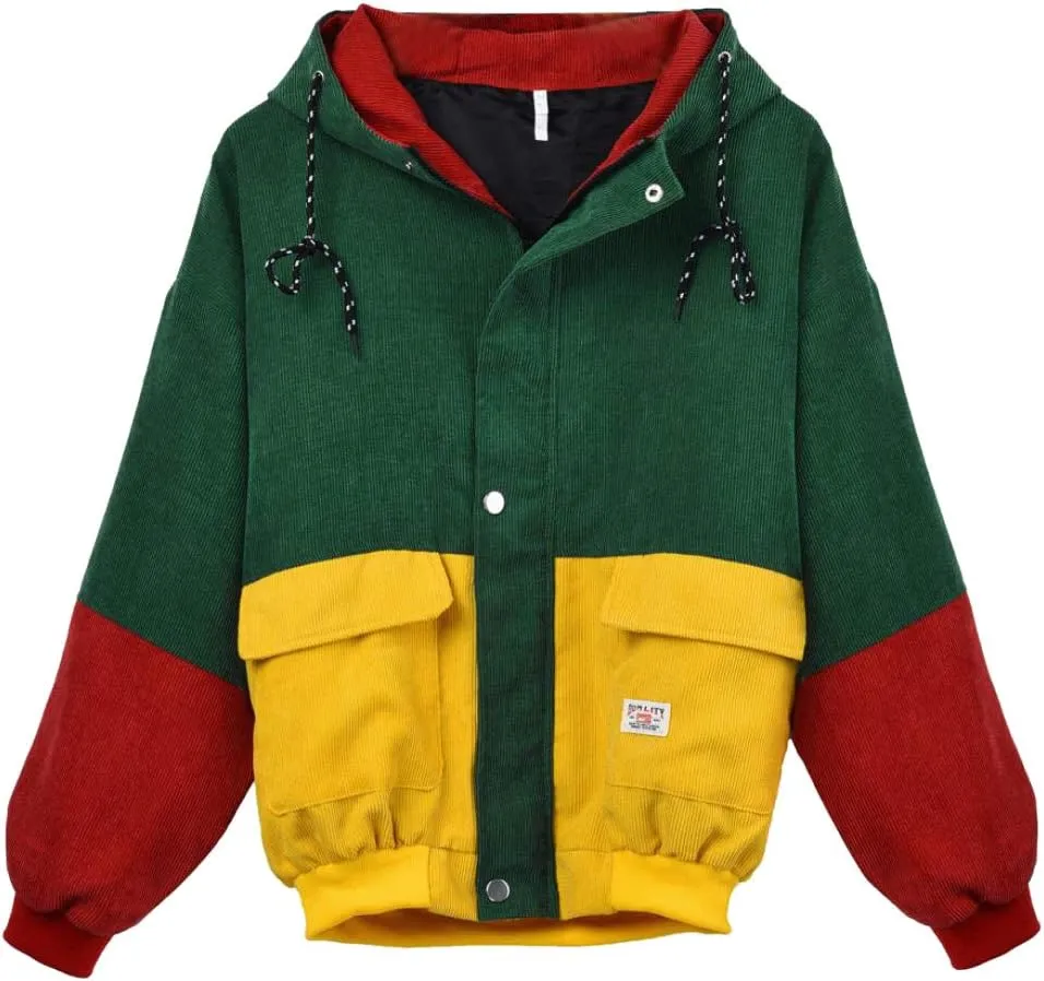NREALY Women's Long Sleeve Corduroy Patchwork Oversize Jacket Windbreaker Coat Overcoat(M, Wine Red)