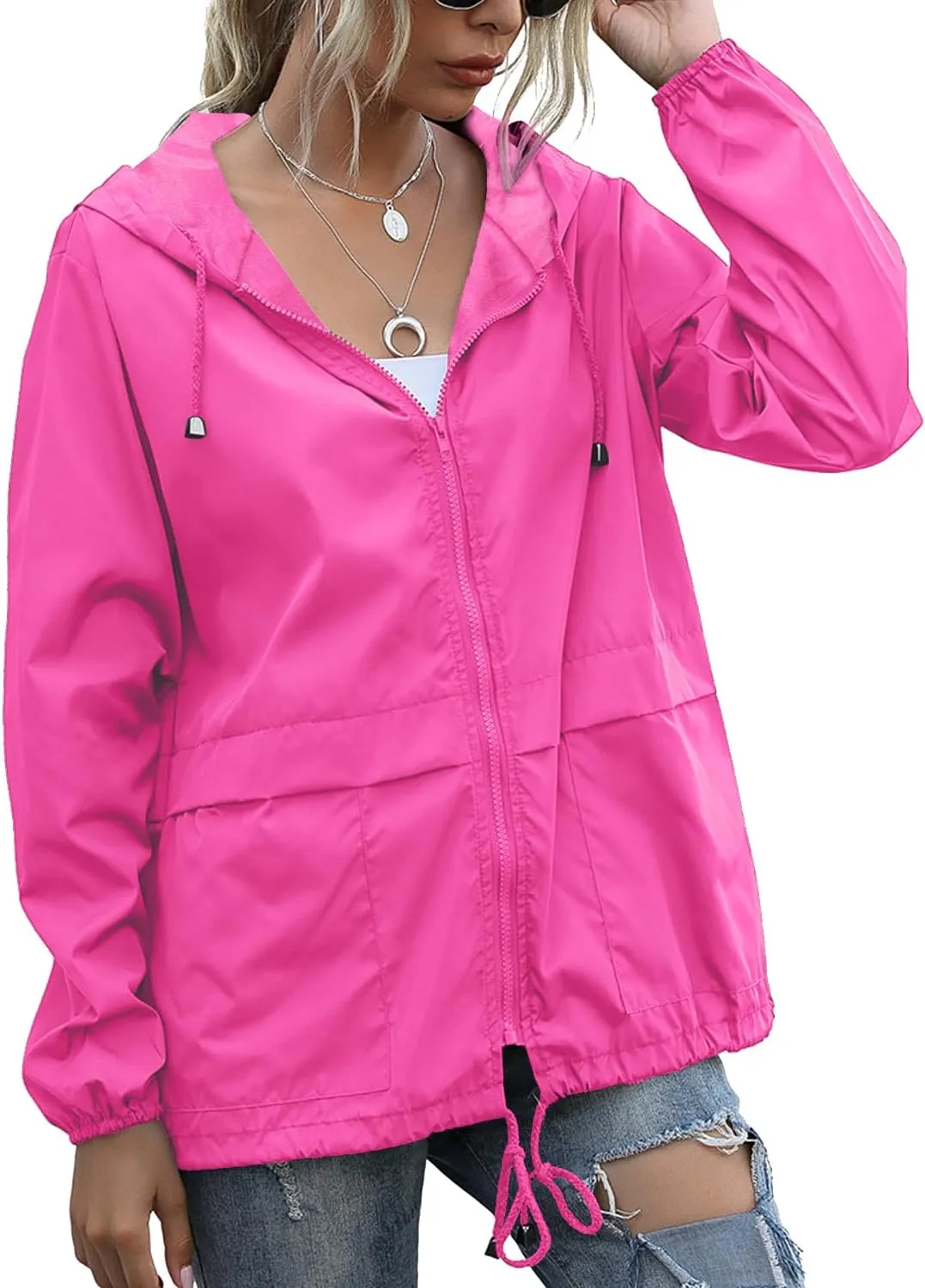 PESION Women's Waterproof Raincoat Lightweight Rain Jacket Hooded Windbreaker with Pocket for Outdoor