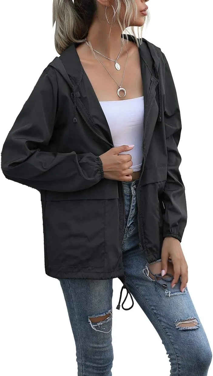 PESION Women's Waterproof Raincoat Lightweight Rain Jacket Hooded Windbreaker with Pocket for Outdoor