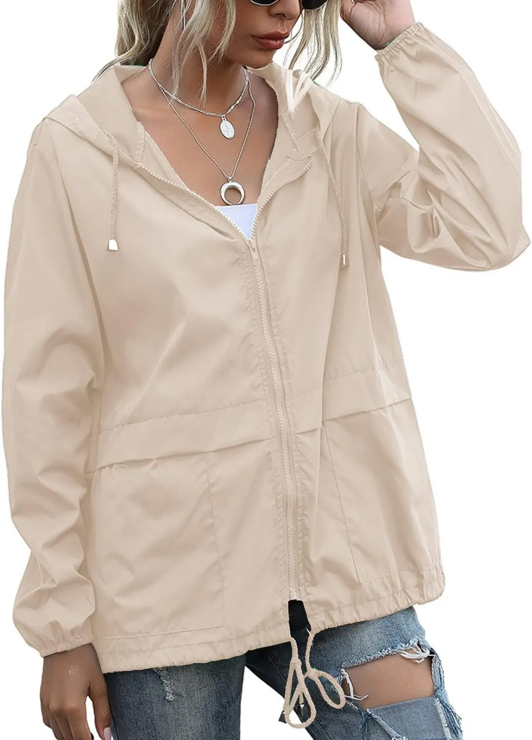 PESION Women's Waterproof Raincoat Lightweight Rain Jacket Hooded Windbreaker with Pocket for Outdoor