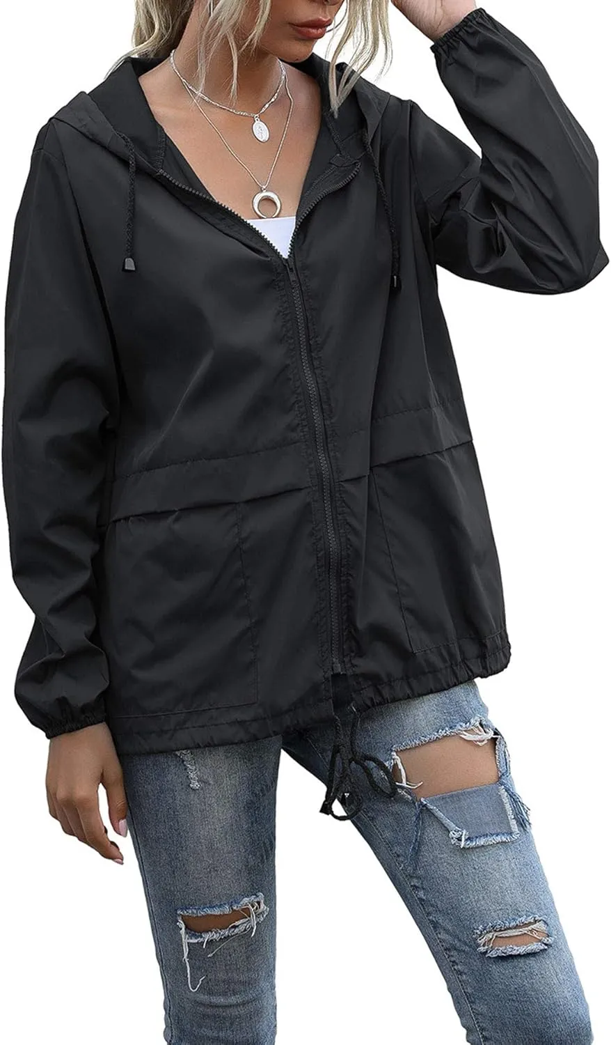 PESION Women's Waterproof Raincoat Lightweight Rain Jacket Hooded Windbreaker with Pocket for Outdoor