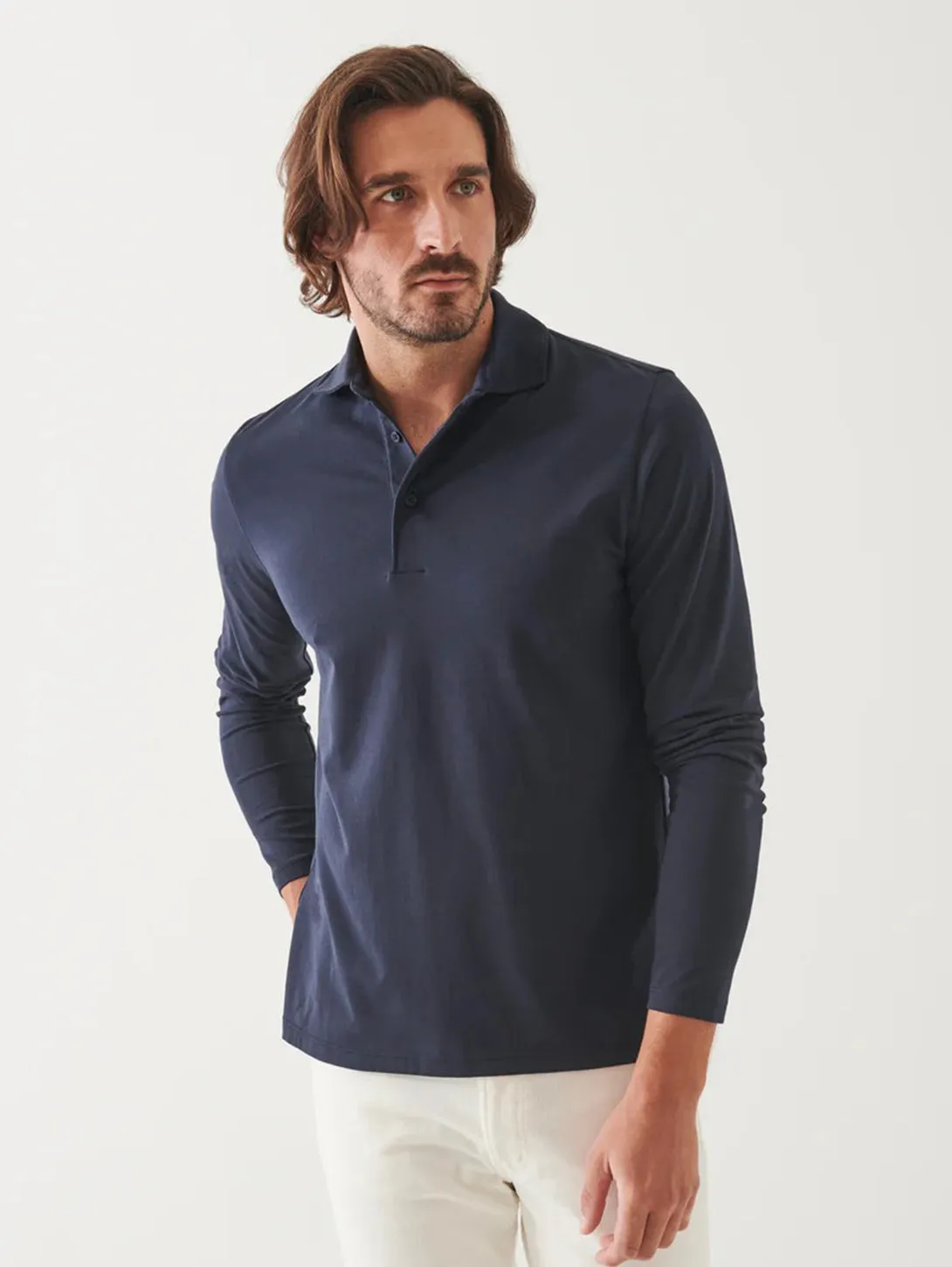 Pima Cotton Stretch Long Sleeve Polo - Midnight