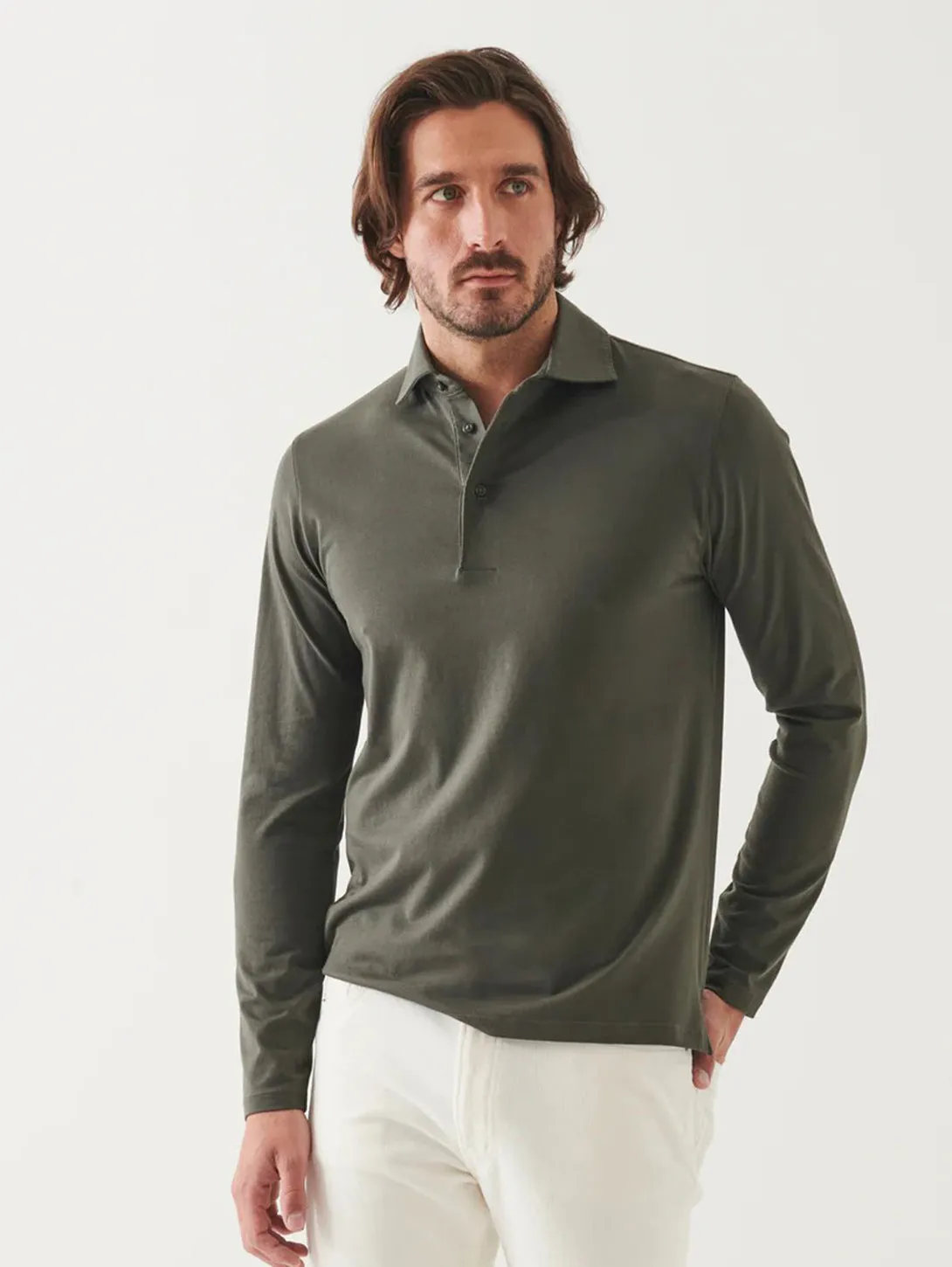 Pima Cotton Stretch Long Sleeve Polo - Thyme