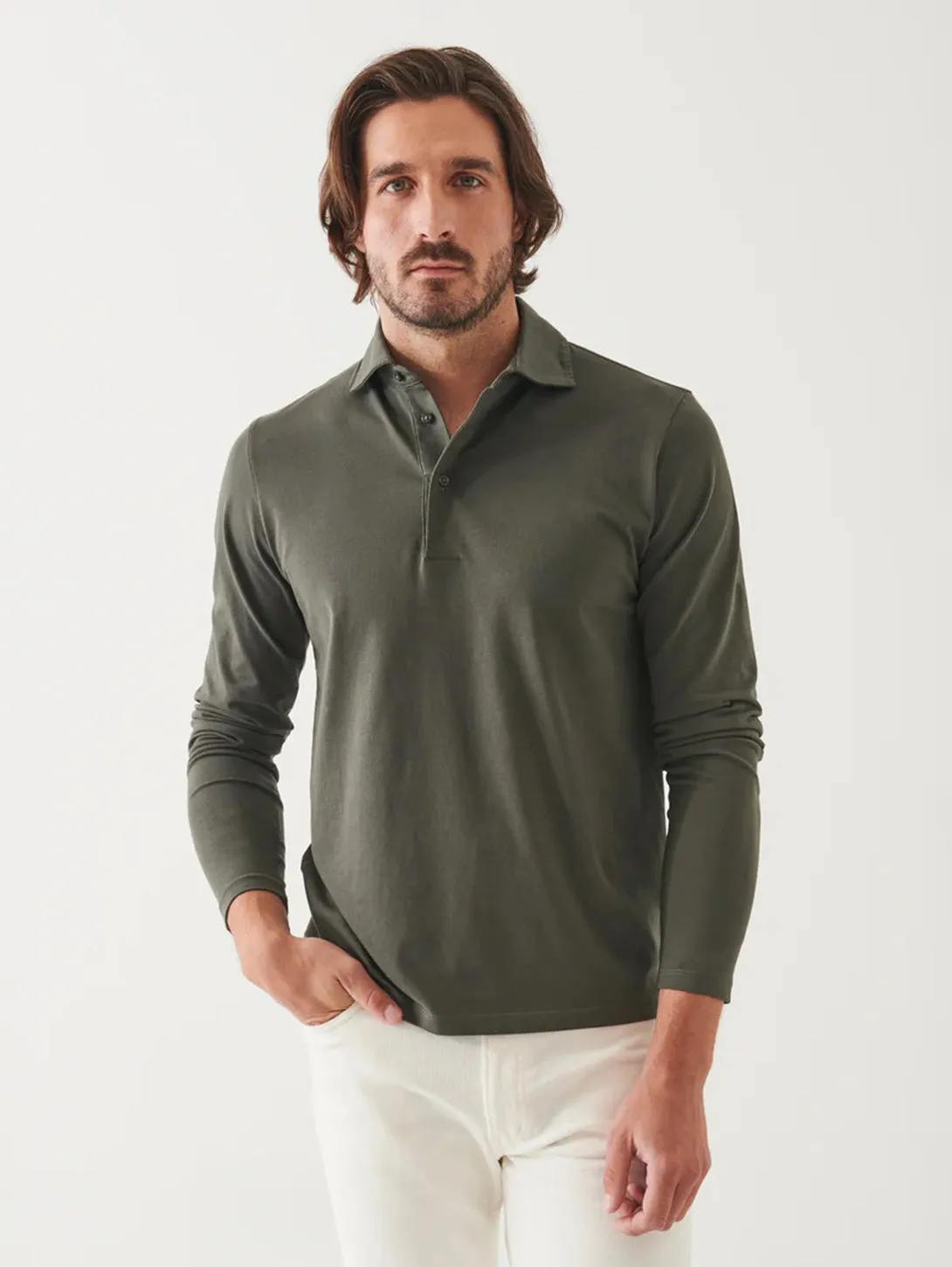 Pima Cotton Stretch Long Sleeve Polo - Thyme