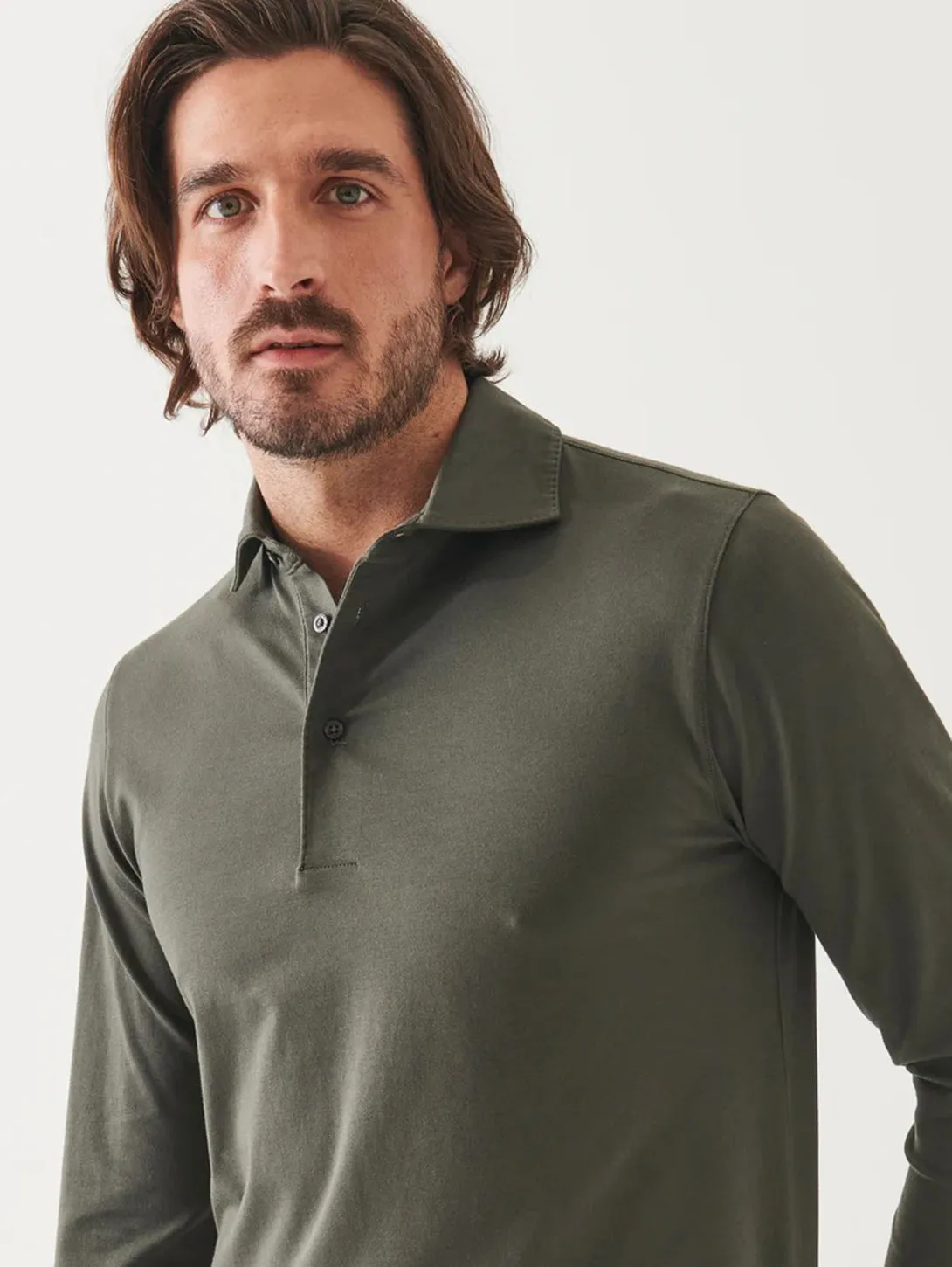 Pima Cotton Stretch Long Sleeve Polo - Thyme