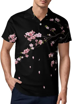 Pink Cherry Blossoms Men's Polo-Shirt Regular-Fit Short Sleeve Sports Quick Dry Golf Tennis T-Shirt