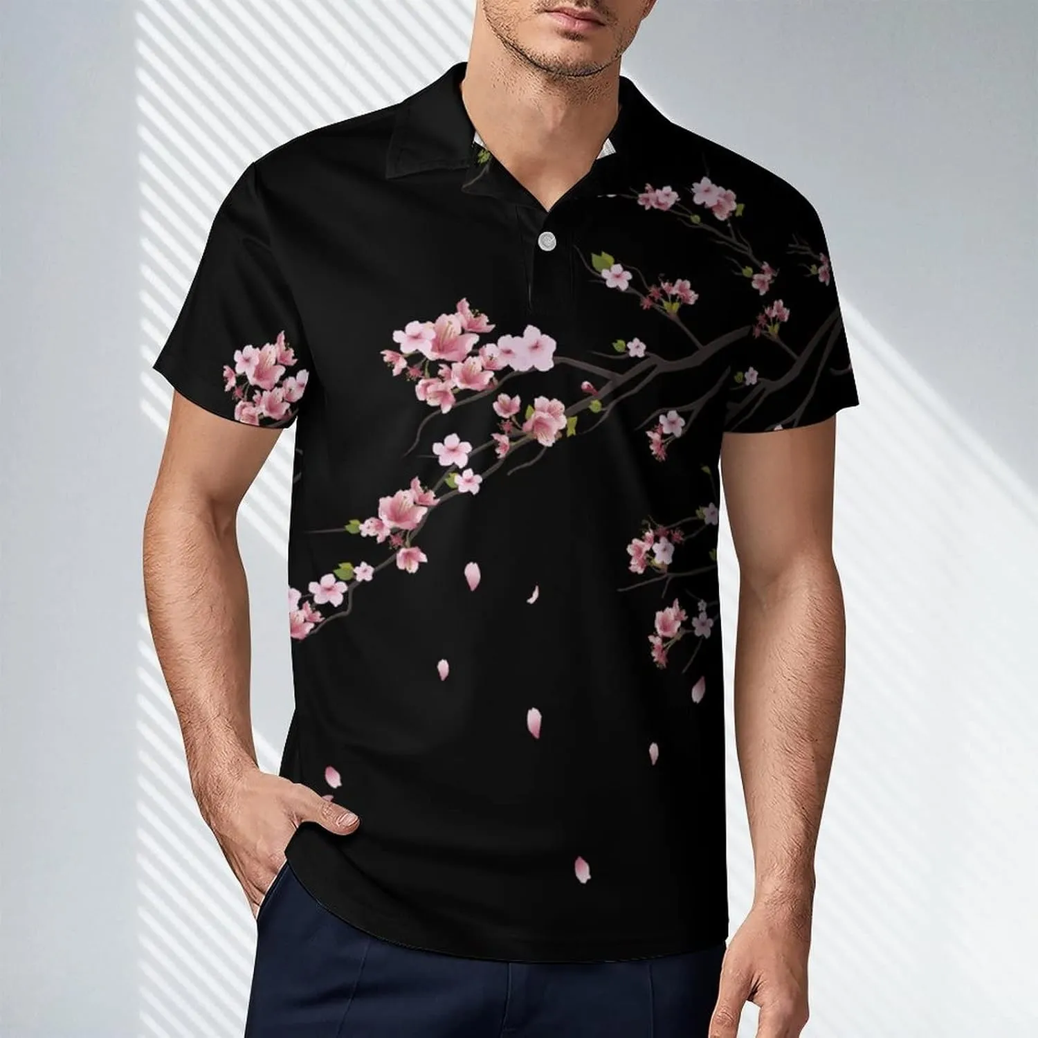 Pink Cherry Blossoms Men's Polo-Shirt Regular-Fit Short Sleeve Sports Quick Dry Golf Tennis T-Shirt