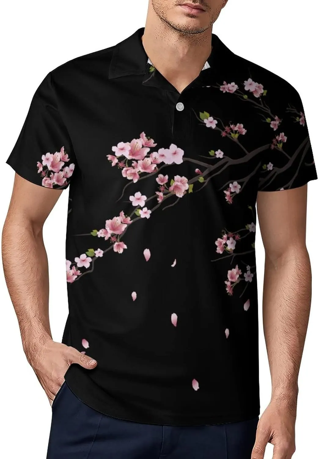Pink Cherry Blossoms Men's Polo-Shirt Regular-Fit Short Sleeve Sports Quick Dry Golf Tennis T-Shirt