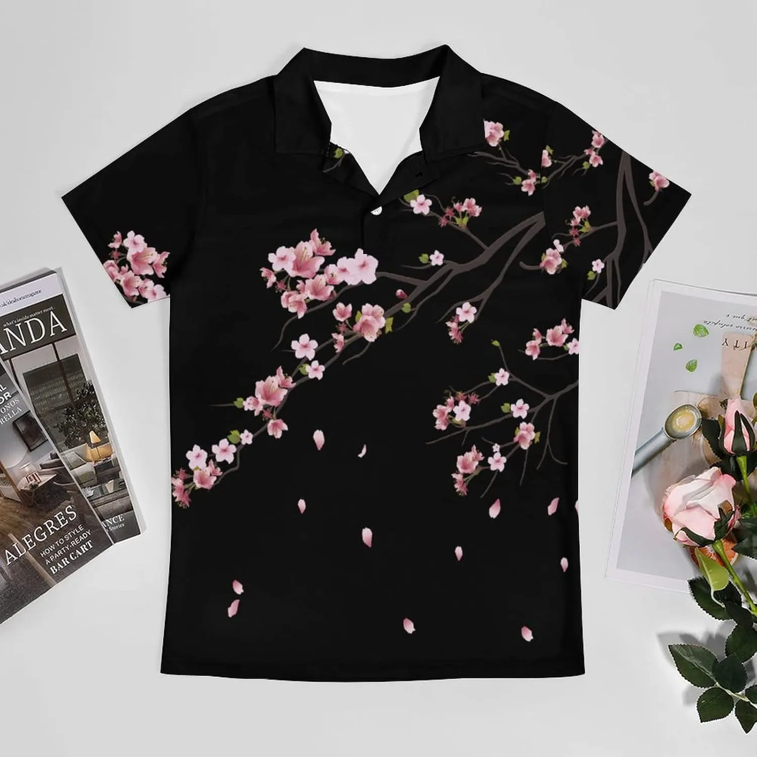 Pink Cherry Blossoms Men's Polo-Shirt Regular-Fit Short Sleeve Sports Quick Dry Golf Tennis T-Shirt