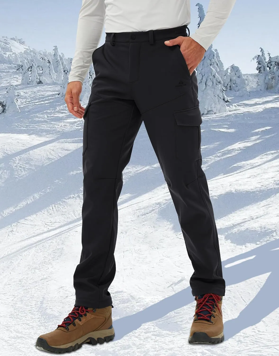 Pioneer Camp Men's Waterproof Cargo Hiking Pants Fleece Lined Outdoor Softshell Snow Ski Insulated Winter Pants for Work