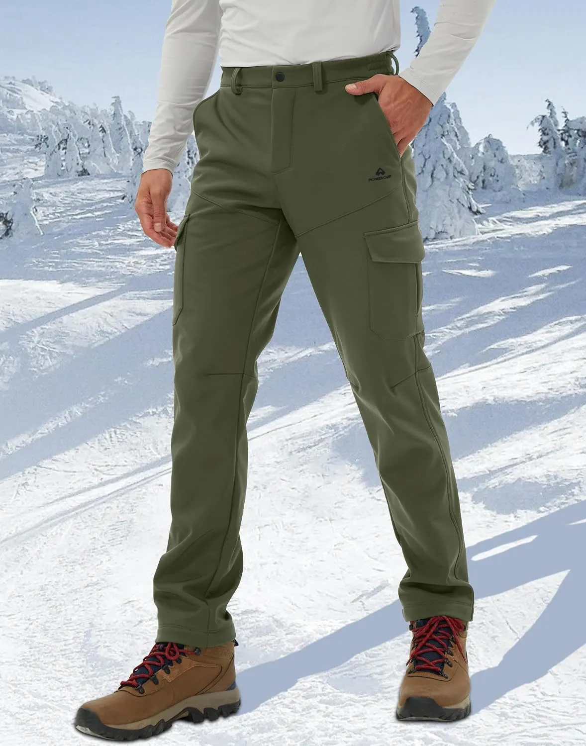 Pioneer Camp Men's Waterproof Cargo Hiking Pants Fleece Lined Outdoor Softshell Snow Ski Insulated Winter Pants for Work