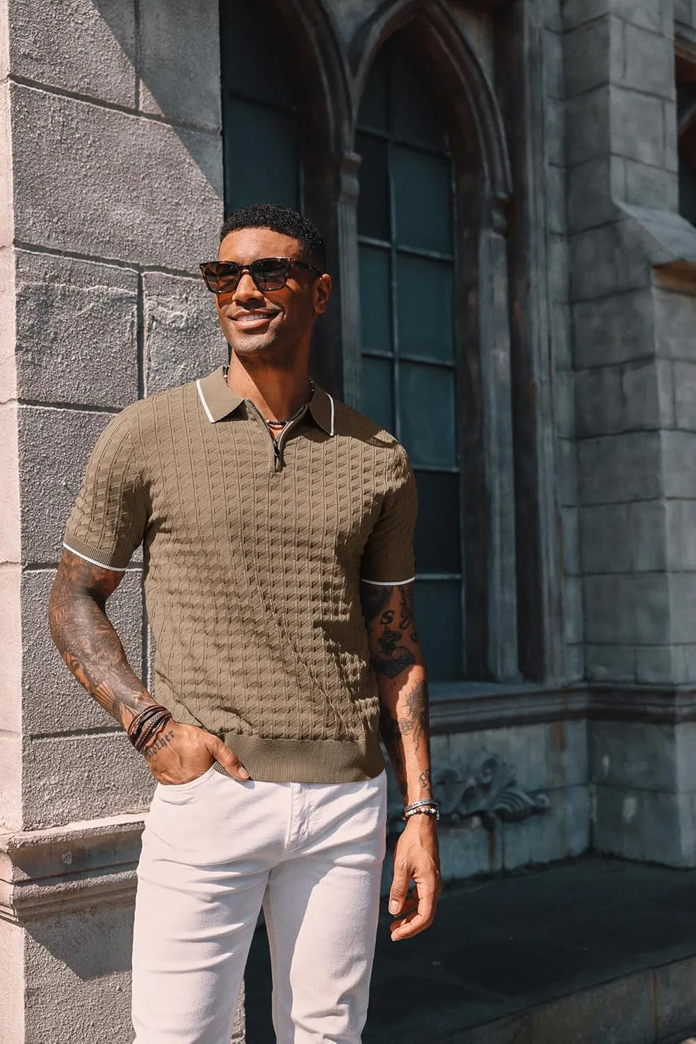 PJ PAUL JONES Men's Knit Polo Shirts Short Sleeve Quarter Zip Polo Shirt