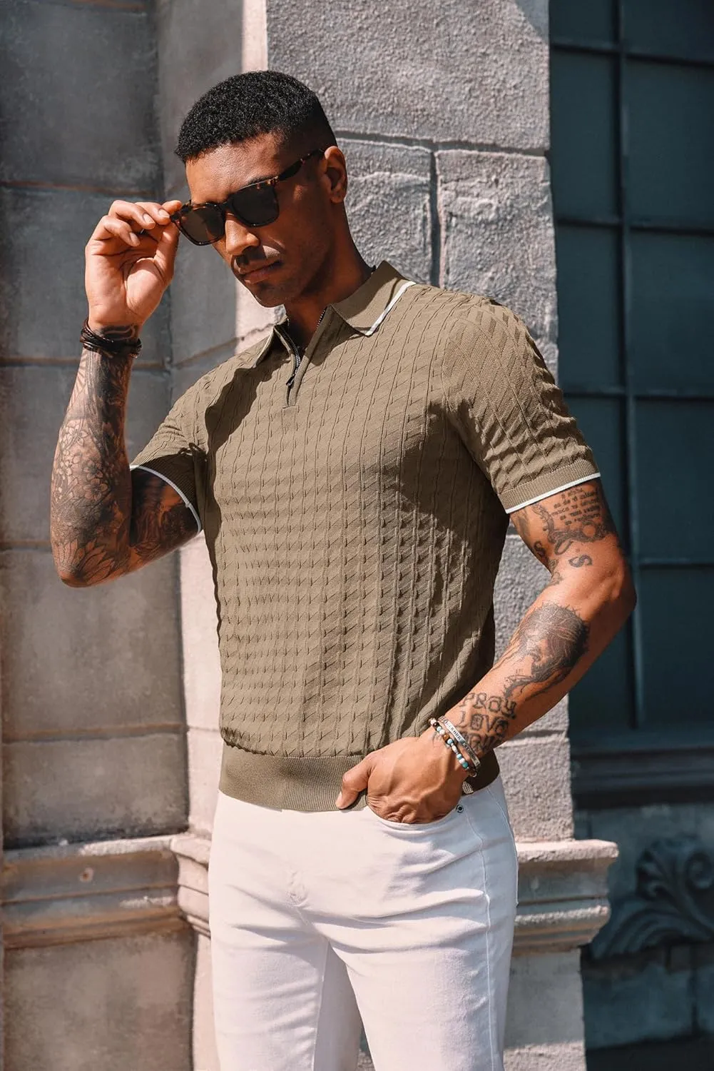 PJ PAUL JONES Men's Knit Polo Shirts Short Sleeve Quarter Zip Polo Shirt