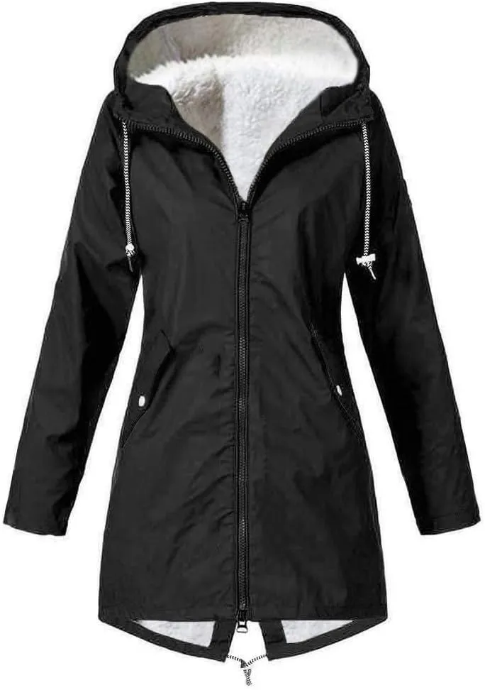 Rain Coats for Women Waterproof with Hood Thickened Fleece Lined Raincoat Casual Solid Lightweight Rain Coats