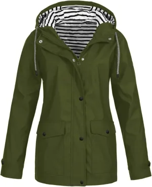 Rain Jacket Women Lightweight Raincoats Outdoor Waterproof Windbreaker Hooded Plaid Lined Trench Coat