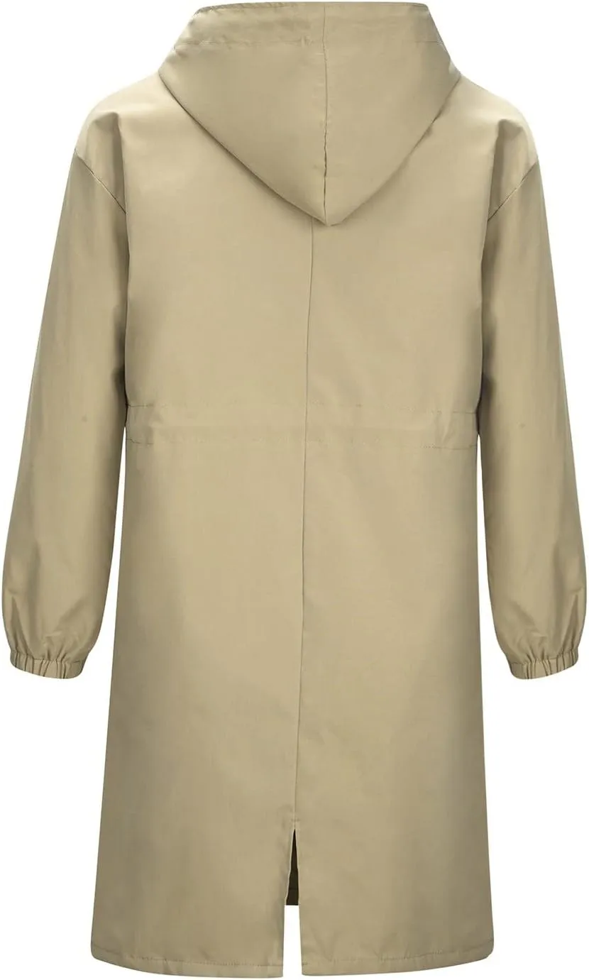 Raincoat Women Waterproof Hooded Trench Coat Button Down Long Rain Jackets Lightweight Outdoor Rain Coats Windbreaker