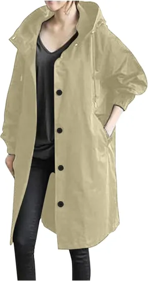 Raincoat Women Waterproof Hooded Trench Coat Button Down Long Rain Jackets Lightweight Outdoor Rain Coats Windbreaker
