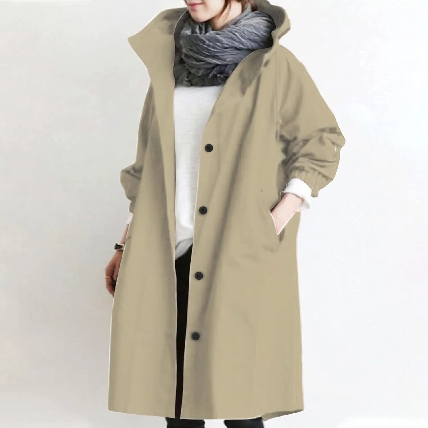 Raincoat Women Waterproof Hooded Trench Coat Button Down Long Rain Jackets Lightweight Outdoor Rain Coats Windbreaker