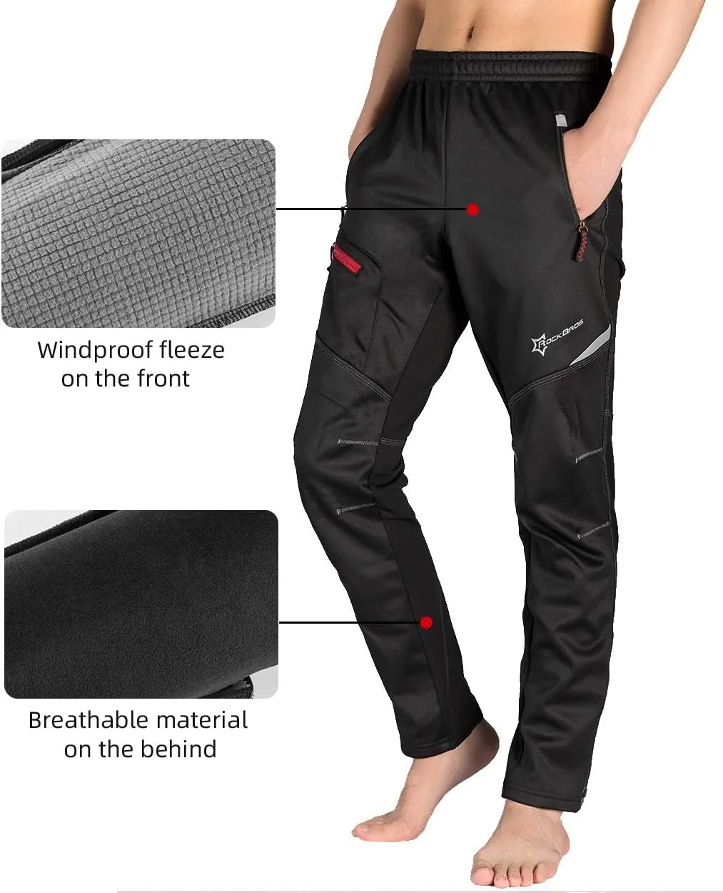 ROCKBROS Cycling Pants for Men Windproof Thermal Fleece Winter Athletic Bike Pants Cold Weather for Running Hiking