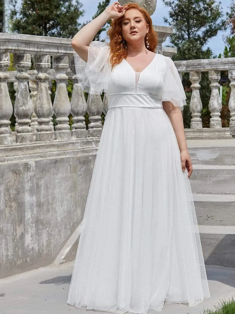 Romantic Plus Size Tulle Evening Dress with Deep V Neck