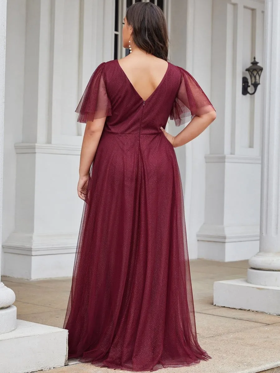 Romantic Plus Size Tulle Evening Dress with Deep V Neck