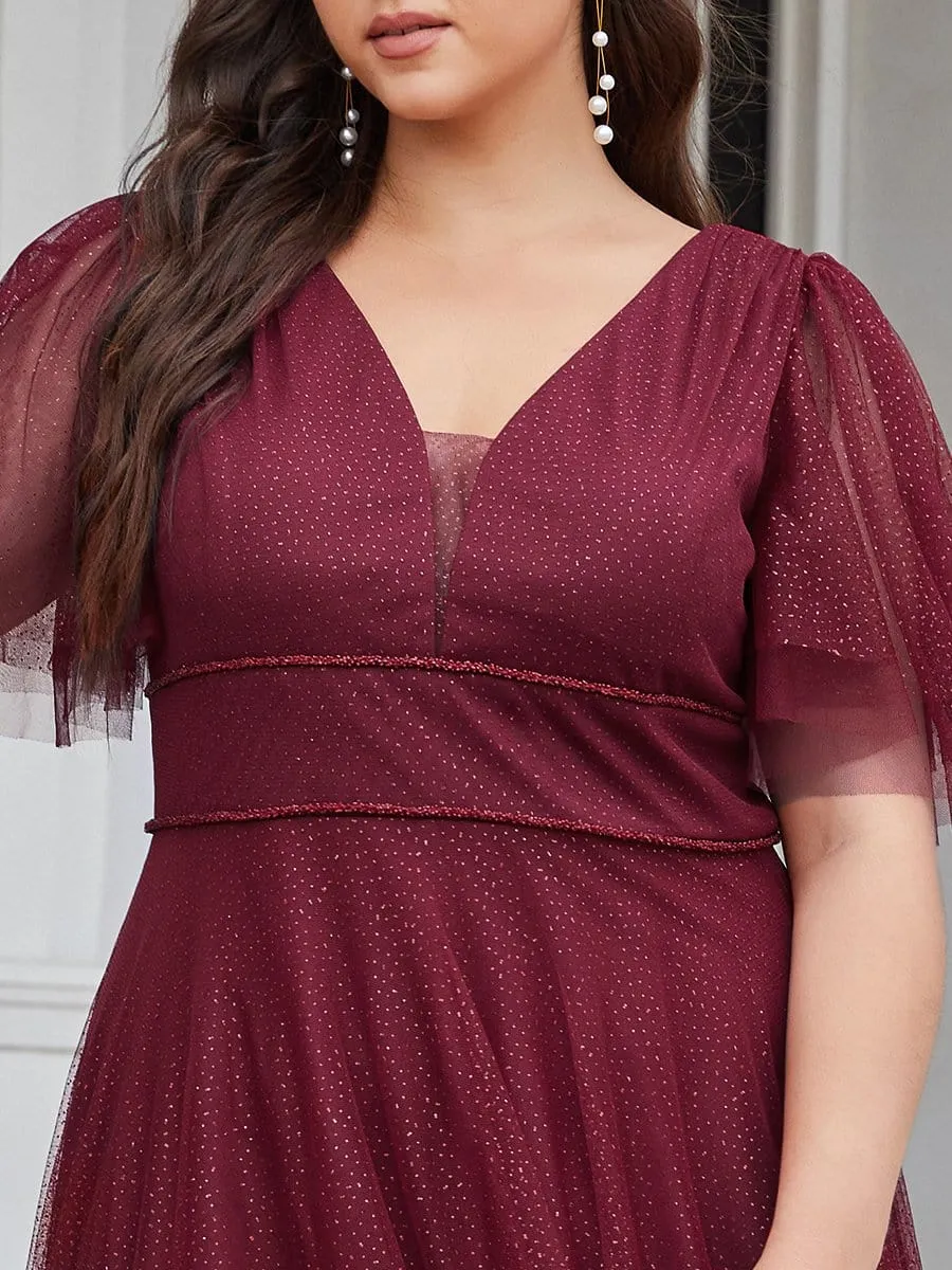 Romantic Plus Size Tulle Evening Dress with Deep V Neck