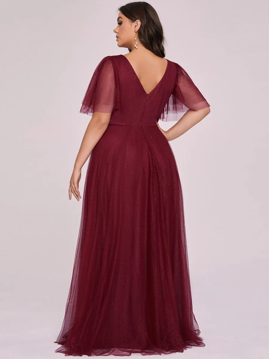Romantic Plus Size Tulle Evening Dress with Deep V Neck