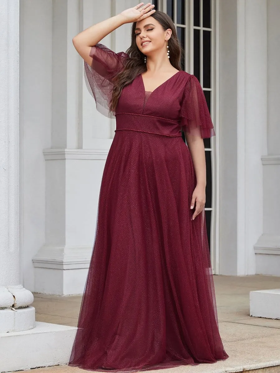 Romantic Plus Size Tulle Evening Dress with Deep V Neck