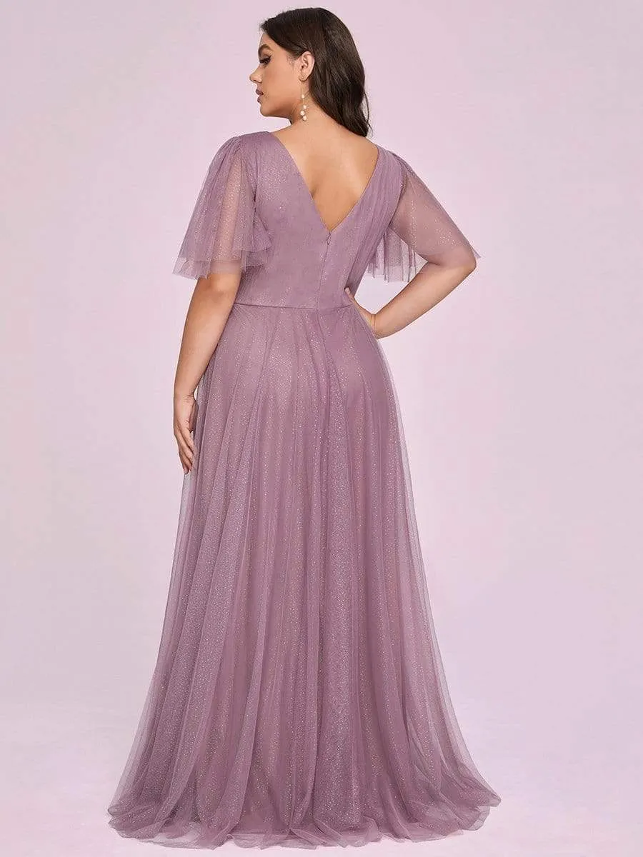 Romantic Plus Size Tulle Evening Dress with Deep V Neck