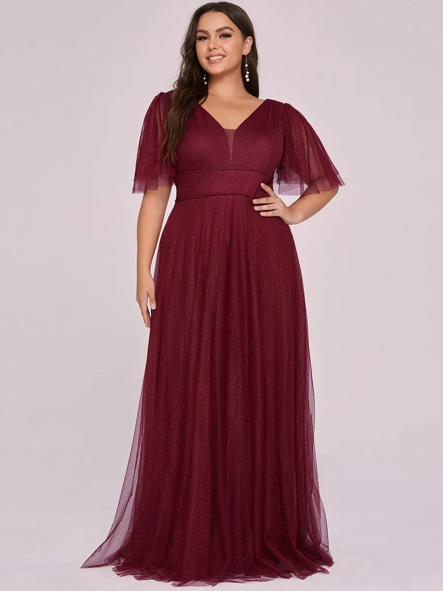 Romantic Plus Size Tulle Evening Dress with Deep V Neck