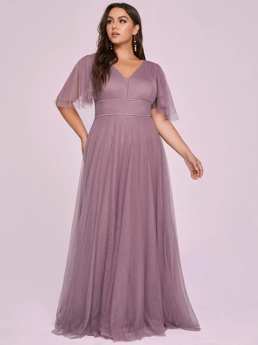 Romantic Plus Size Tulle Evening Dress with Deep V Neck