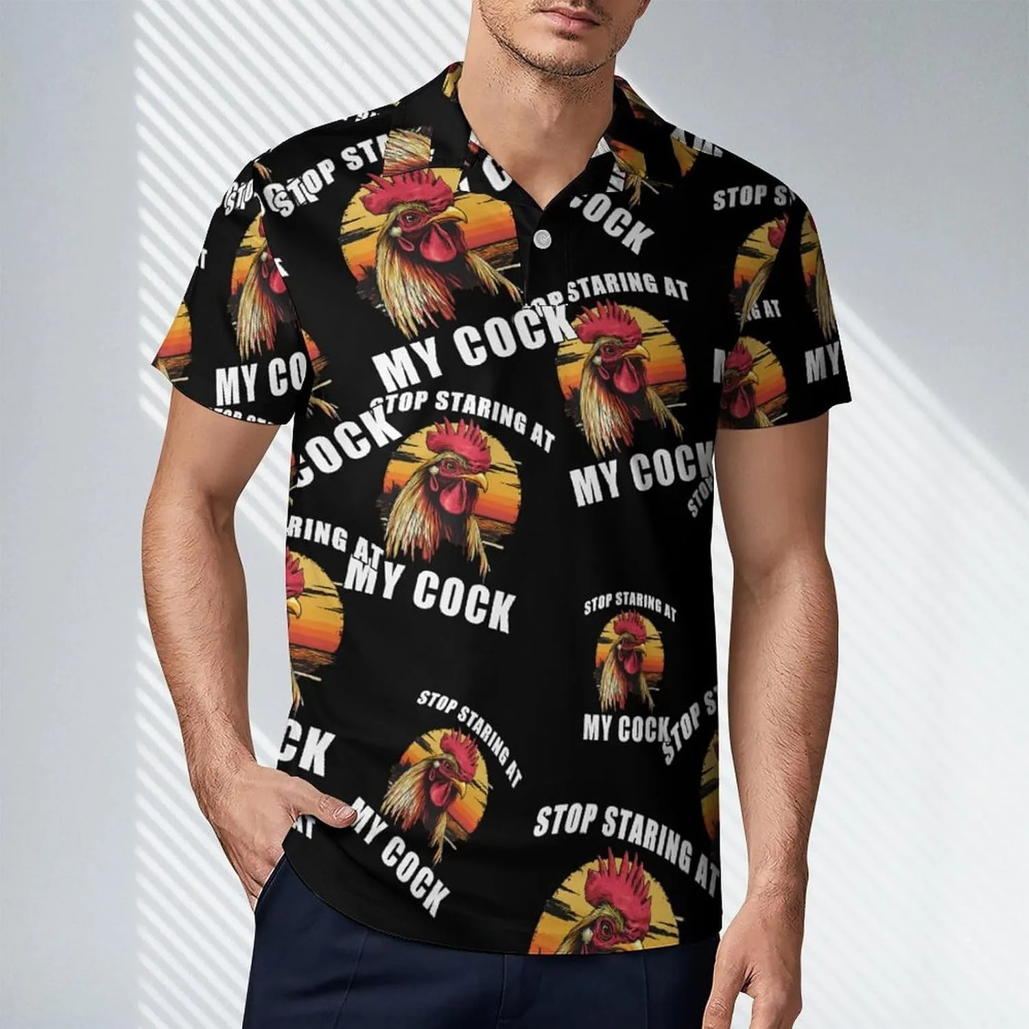Rooster Stop Staring At My Cock Men's Polo-Shirt Regular-Fit Short Sleeve Sports Quick Dry Golf Tennis T-Shirt