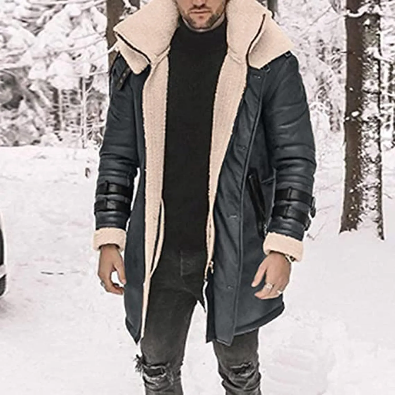 RTRDE Mens Casual Faux Fur Shearling Coat Winter Warm Jacket Windbreaker Overcoat Peacoat Long Jackets Fashion, M-5XL