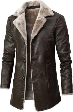 RTRDE Mens Faux Leather Coat Lapel Collar Sherpa Lined Jacket Winter Warm Pea Coat Work Jacket, XL-4XL