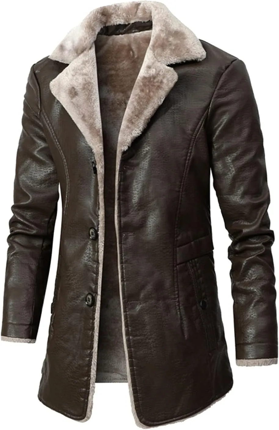 RTRDE Mens Faux Leather Coat Lapel Collar Sherpa Lined Jacket Winter Warm Pea Coat Work Jacket, XL-4XL