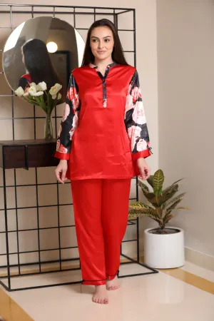 Satin Night suit with Digital print sleeves