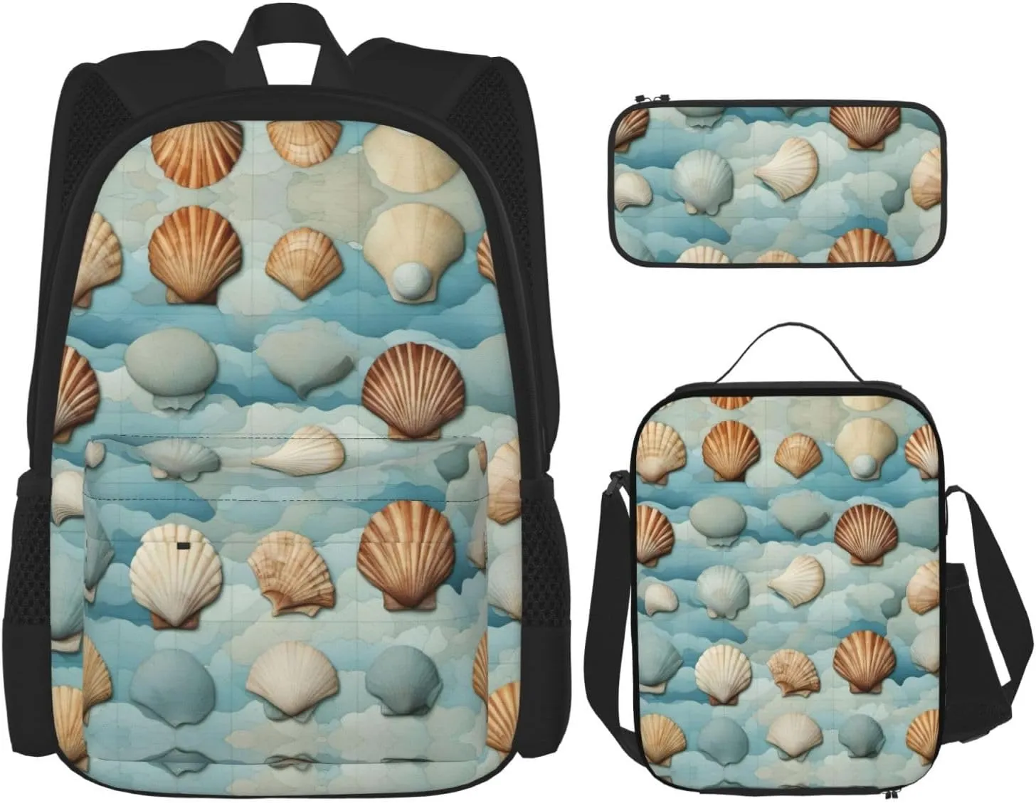 Sea Shell Print Stylish Travel Backpack And Lunch Box Set,600d Oxford Fabric,With Insulated Lunch Bag