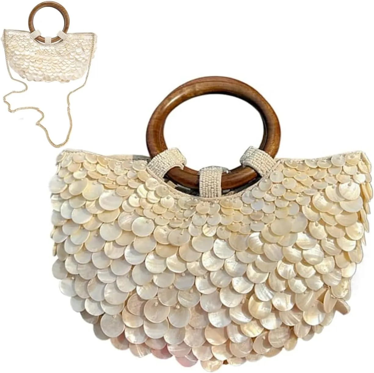 Shell Beaded Clutch Purse for Women,Summer Handmade Sequin Totes,Luxury Evening Top Handle Bag For Beach Wed Vacation