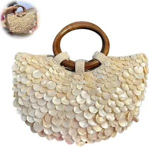 Shell Purse Pearl Bag,Summer Shell Beaded Purses,Sequin Pearl Bag for Women,Top Handle Totes For Beach Wedding Party Vacation