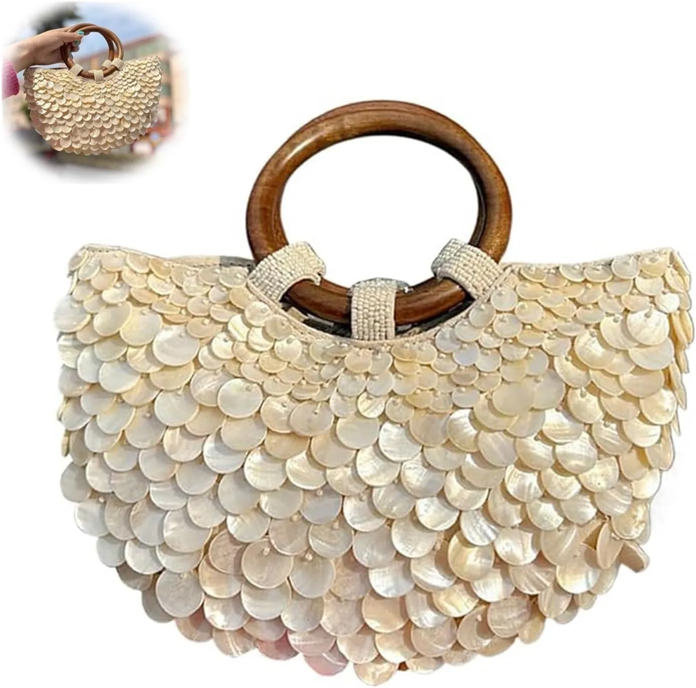 Shell Purse Pearl Bag,Summer Shell Beaded Purses,Sequin Pearl Bag for Women,Top Handle Totes For Beach Wedding Party Vacation