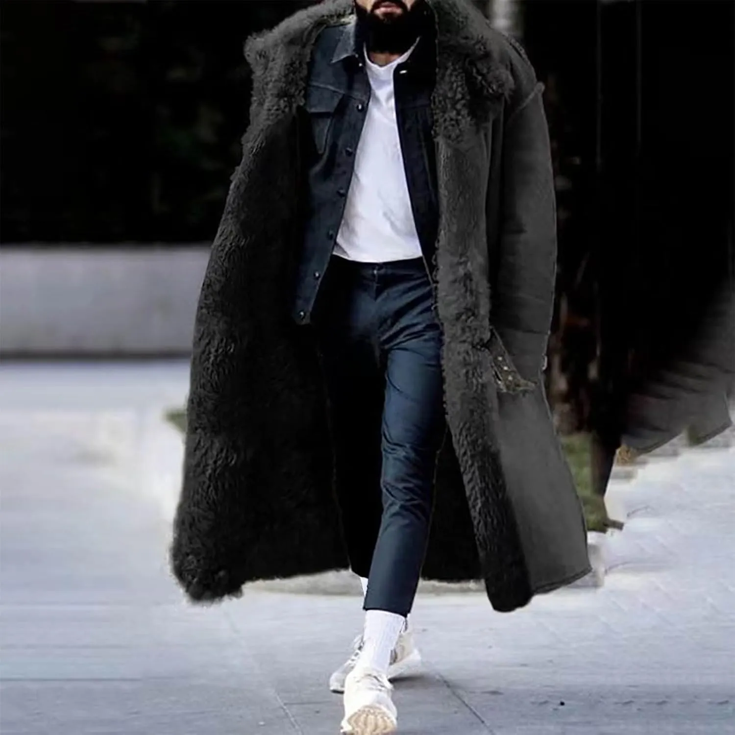 Sherpa Lined Long Jacket Men Faux Leather Shearling Jacket Fur Collar Long Trench Coats Winter Sheepskin Fleece Coat