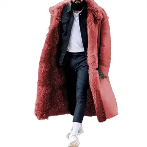 Sherpa Lined Long Jacket Men Faux Leather Shearling Jacket Fur Collar Long Trench Coats Winter Sheepskin Fleece Coat