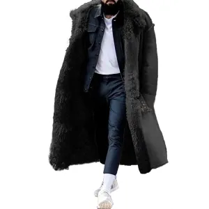 Sherpa Lined Long Jacket Men Faux Leather Shearling Jacket Fur Collar Long Trench Coats Winter Sheepskin Fleece Coat