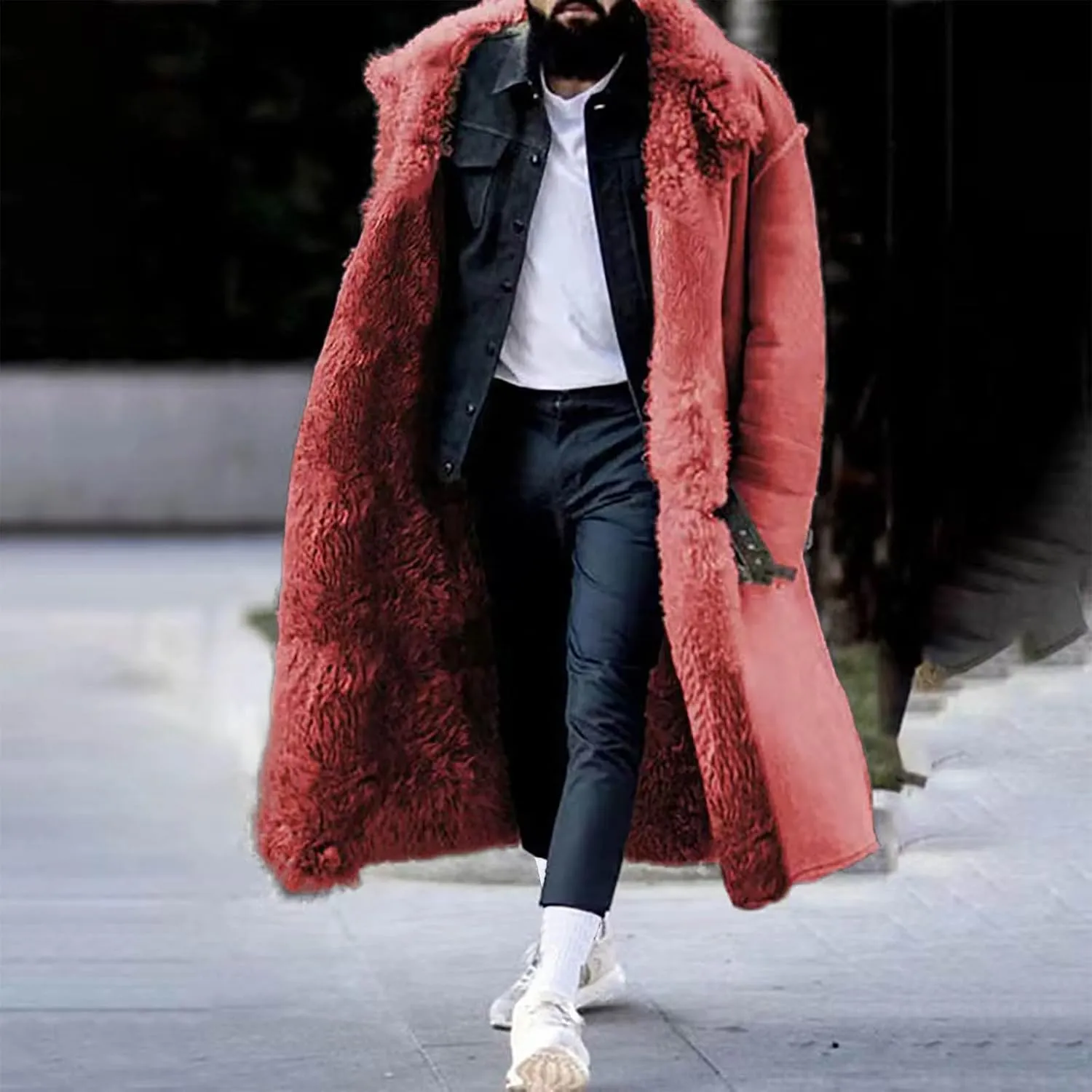 Sherpa Lined Long Jacket Men Faux Leather Shearling Jacket Fur Collar Long Trench Coats Winter Sheepskin Fleece Coat