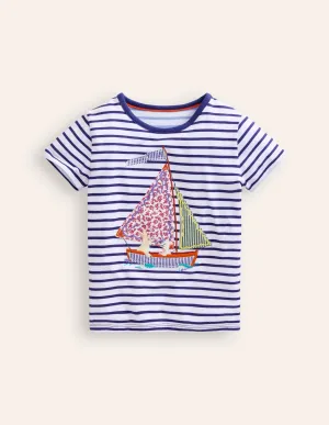 Short Sleeve Appliqué T-shirt-Ivory/ Starboard Stripe Boat