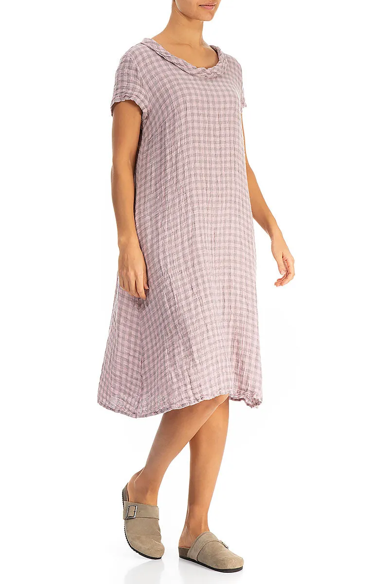 Short Sleeves Pink Check Linen Midi Dress