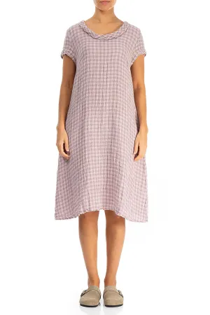Short Sleeves Pink Check Linen Midi Dress