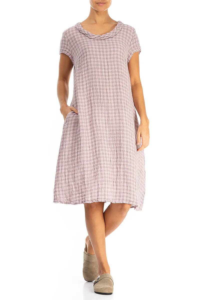 Short Sleeves Pink Check Linen Midi Dress