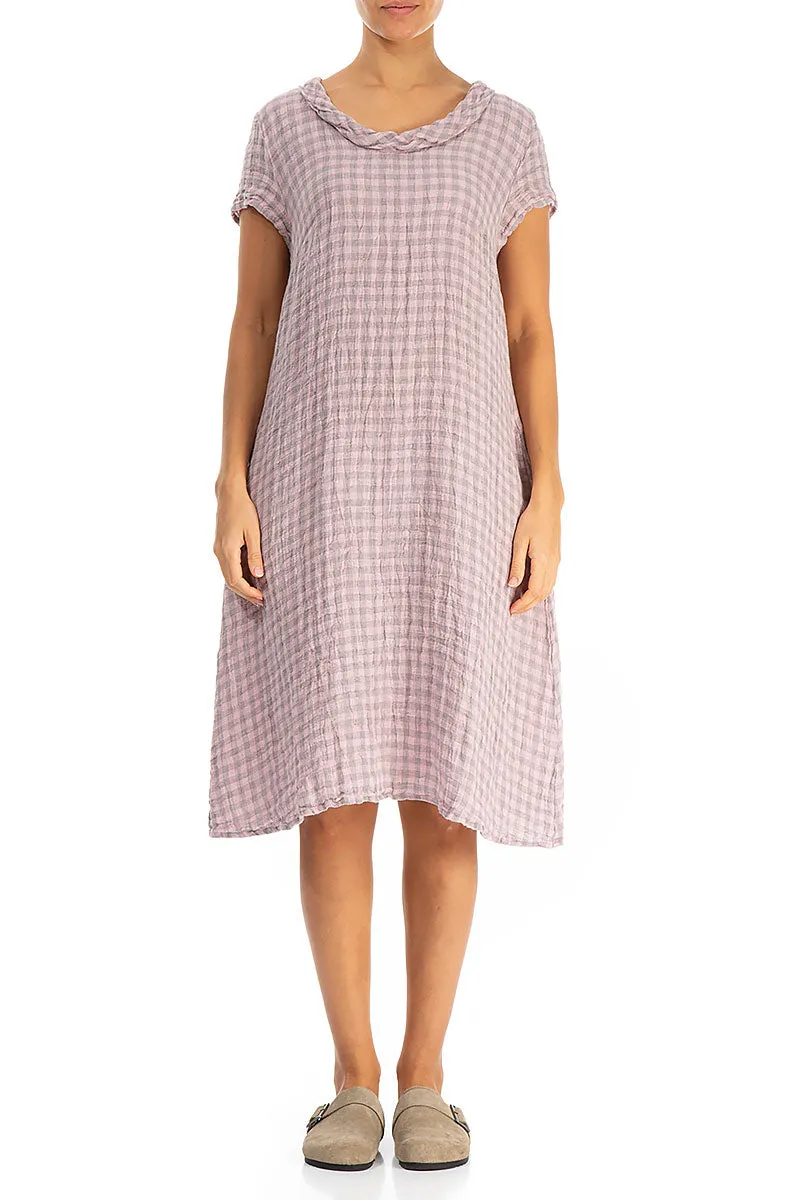 Short Sleeves Pink Check Linen Midi Dress